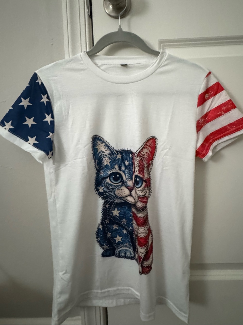 Patriotic Cat Print Pet Tee - White with Red & Blue